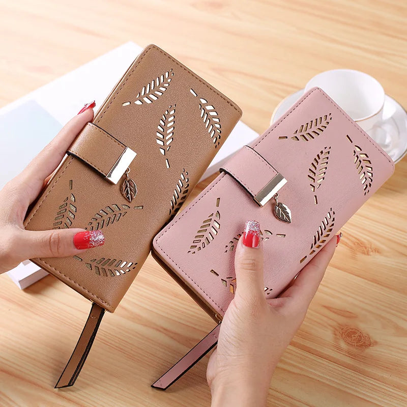 Elegant Leaf Cutout Long Wallet with Strap Charm