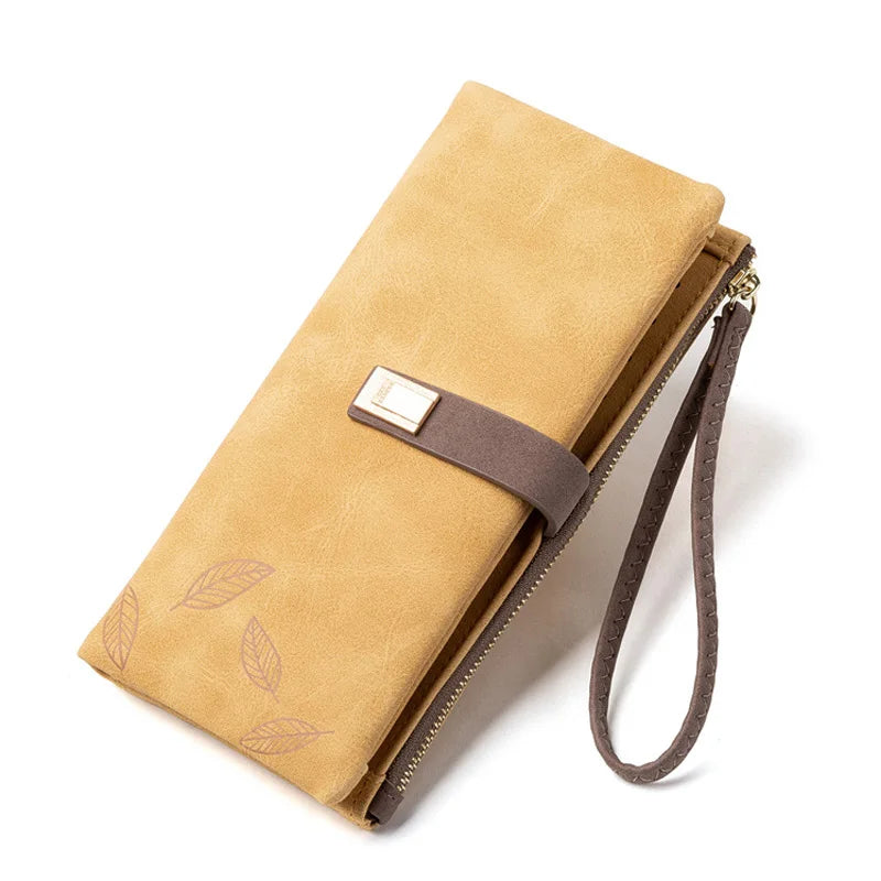 Leaf Print Zip Wallet with Strap for Women Elegant