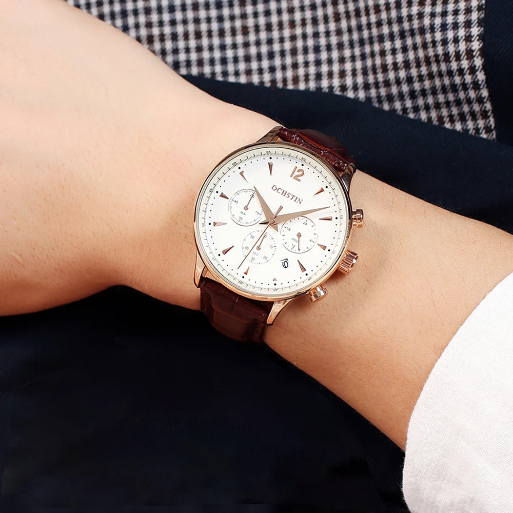 Men’s Chronograph Leather Watch – Classic Quartz Design