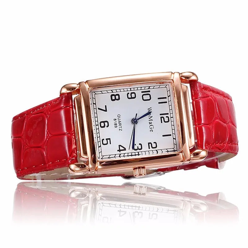 Square Quartz Watch for Women Leather Strap Classic