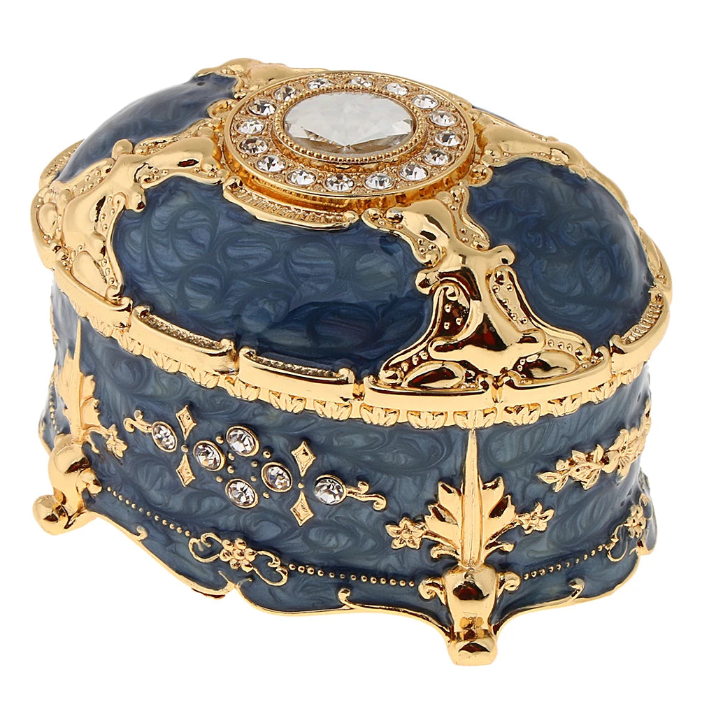 Ornate Velvet Jewelry Box with Crystal Ring Holder - Blue V2