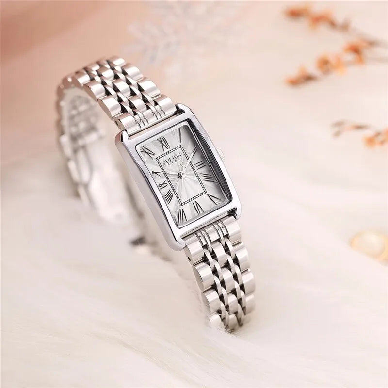Rectangular Stainless Steel Watch with Roman Numerals