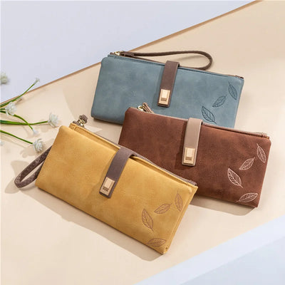 Leaf Print Zip Wallet with Strap for Women Elegant