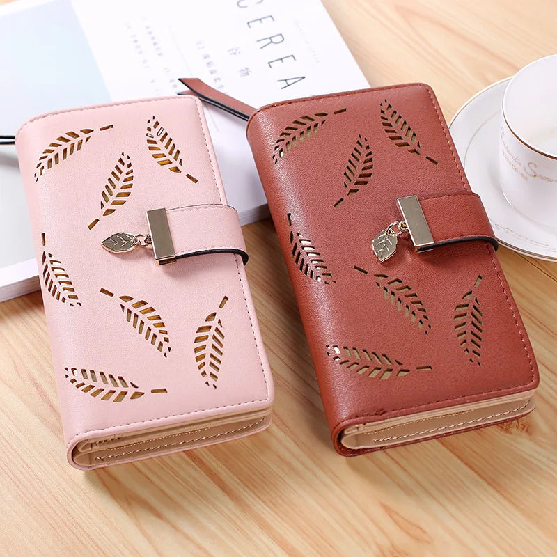 Elegant Leaf Cutout Long Wallet with Strap Charm