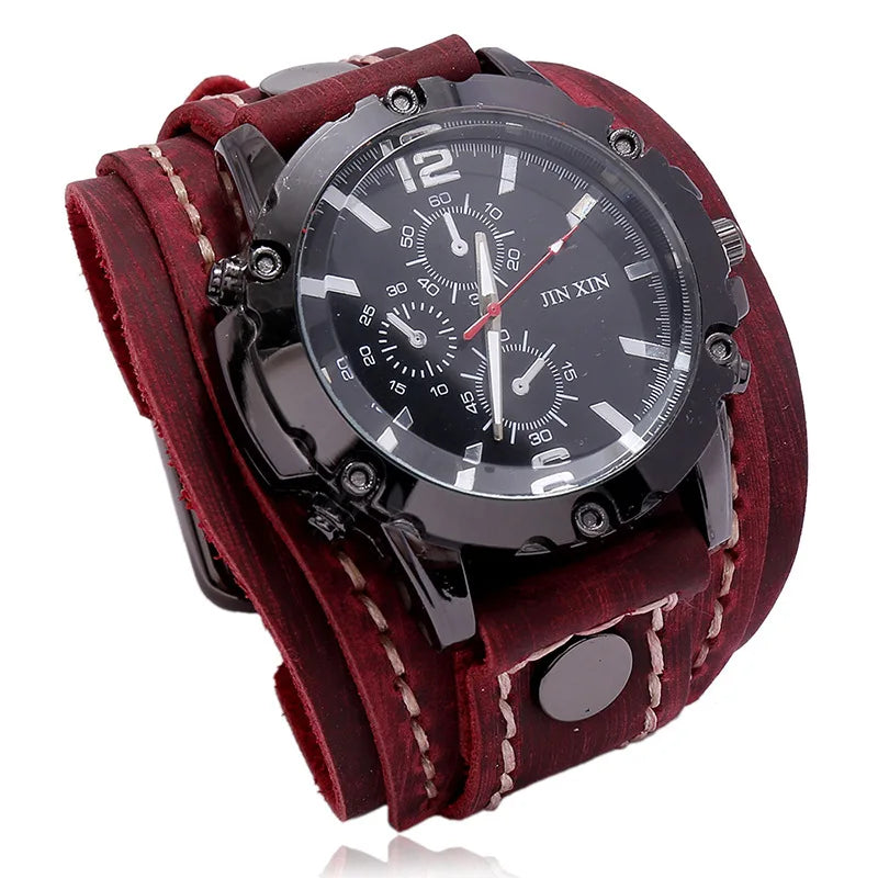 Mens Chronograph Leather Strap Watch with Multi Dial - Retro Red