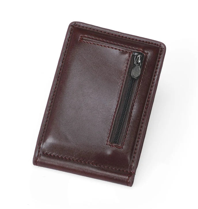 Mini Leather Money Clip Wallet with Coin Pocket - Brown