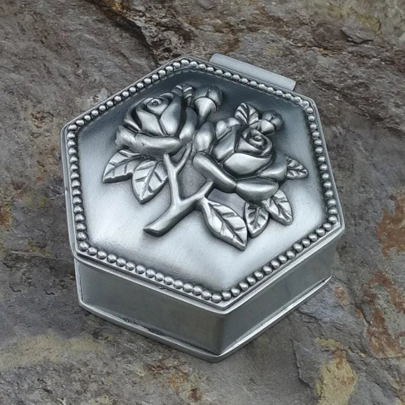 Retro Metal Jewelry Box Round Carved Rose Design