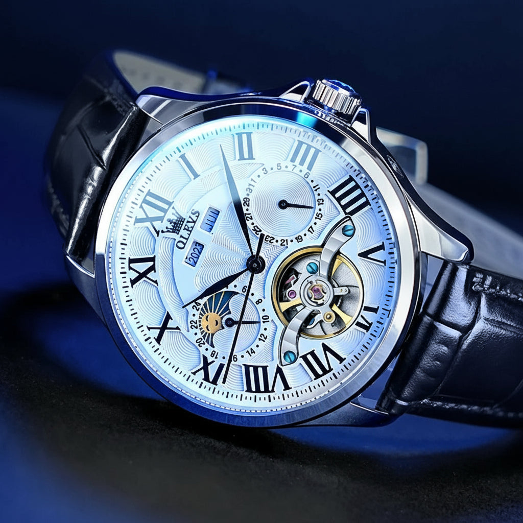Moon Phase Mechanical Skeleton Watch With Roman Dial