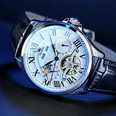 Moon Phase Mechanical Skeleton Watch With Roman Dial