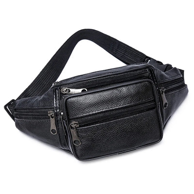 PU Leather Waist Pack Bag with Multiple Zipper Pockets - Black
