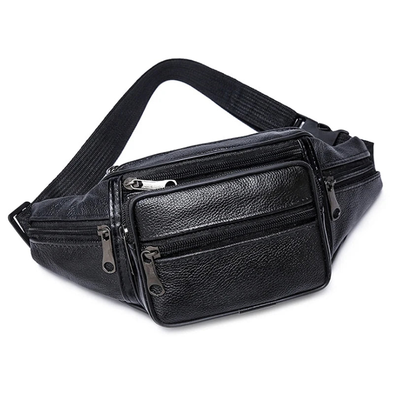 PU Leather Waist Pack Bag with Multiple Zipper Pockets - Black
