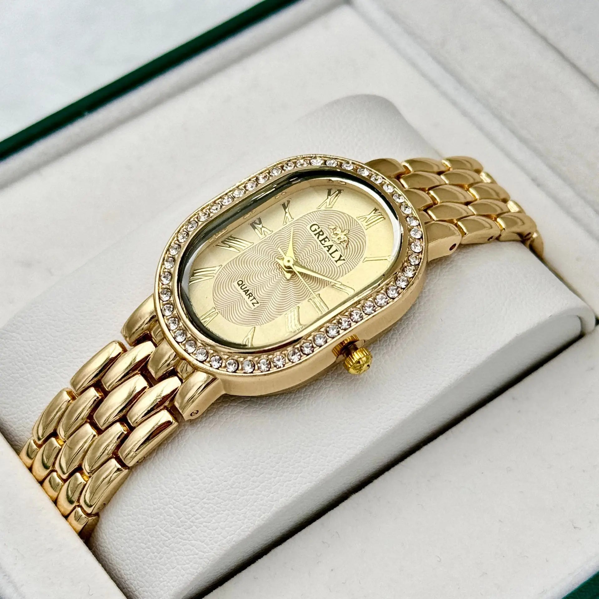Oval Diamond Encrusted Watch with Roman Numeral Dial