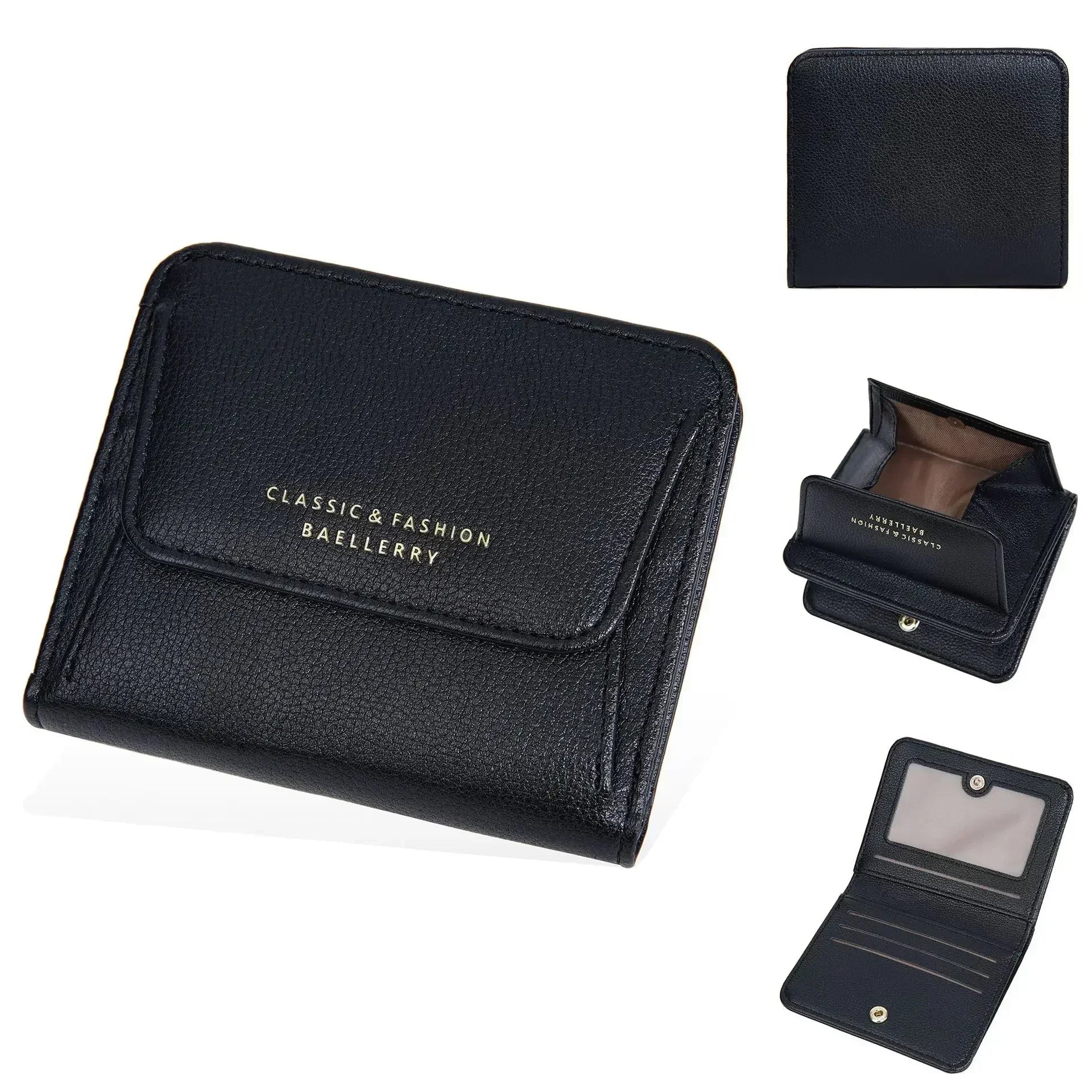 Slim Compact Wallet Card Holder with Coin Slot - Black