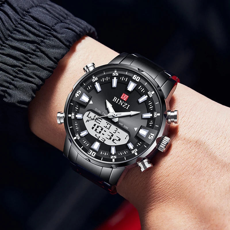 Dual Time Analog Digital Quartz Wristwatch Chronograph - Black