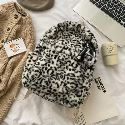 Leopard Print Fluffy Backpack for School Daily Use