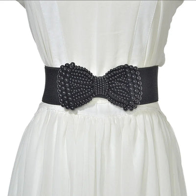 Pearl Bowknot Elastic Belt for Women Fashion Accessory