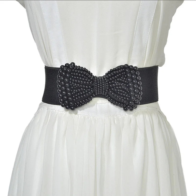 Pearl Bowknot Elastic Belt for Women Fashion Accessory