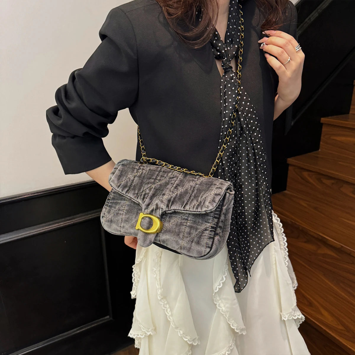 Quilted Shoulder Bag with Chain Strap Clasp Detail