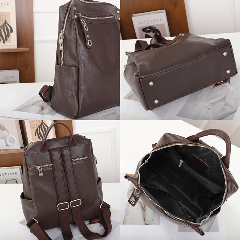 Genuine Cow Leather Backpack with Multiple Pockets