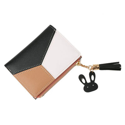 Geometric Patchwork Wallet With Tassel Charm Card Slots