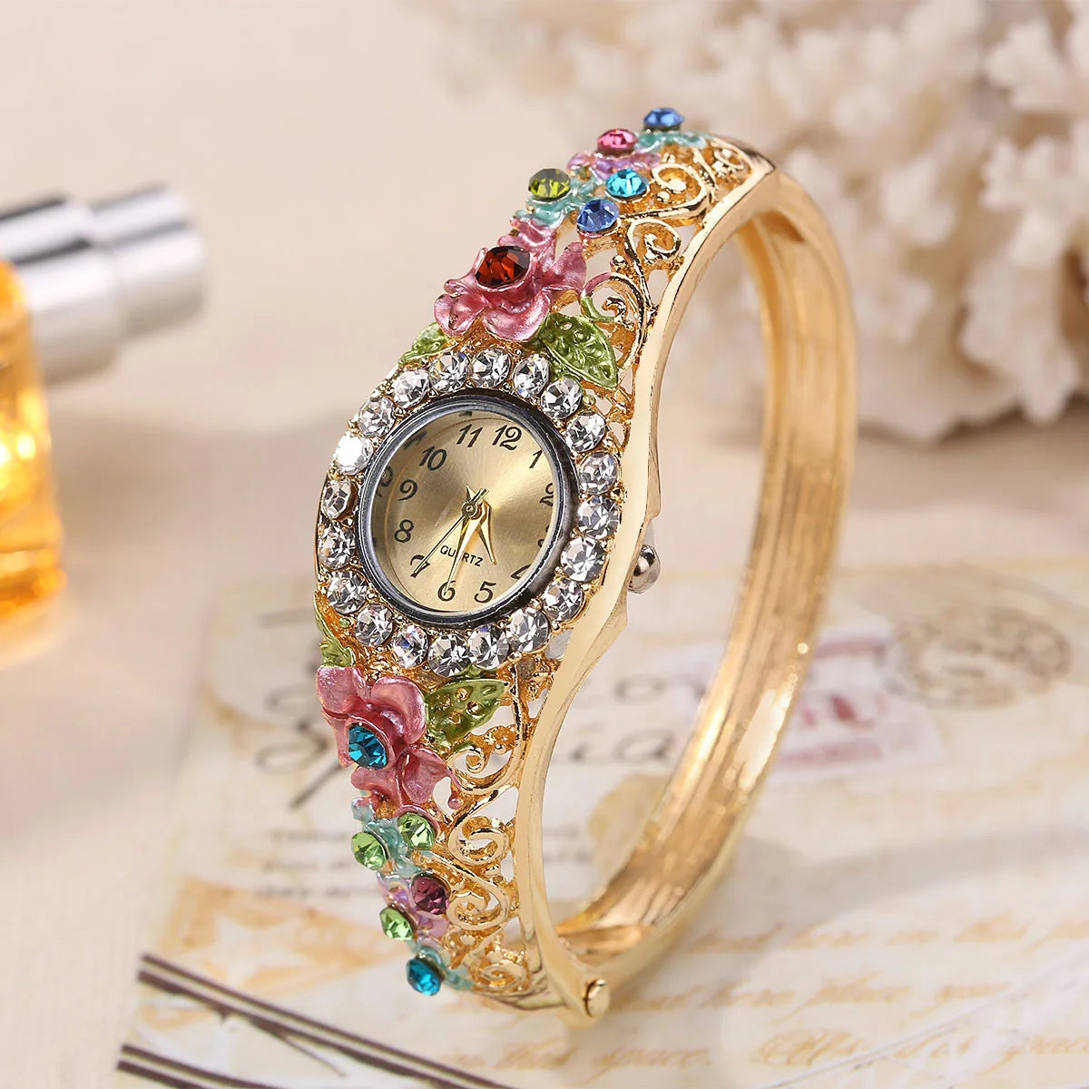 Floral Crystal Bracelet Watch for Women Jewelry