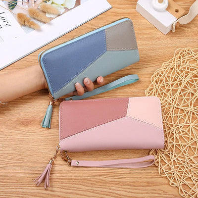 Geometric Patch Zip Wallet With Tassel Strap Wristlet