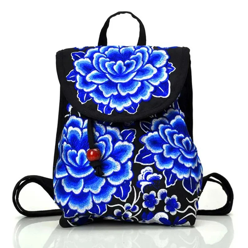 Floral Embroidery Backpack with Hasp Closure Front - C