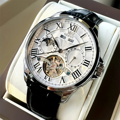 Moon Phase Mechanical Skeleton Watch With Roman Dial