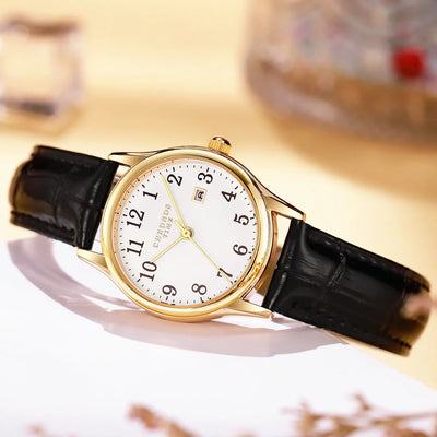 Luxurious Womens Leather Strap Quartz Watch With Date