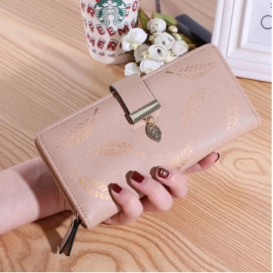 Leaf Motif Zip Wallet with Metallic Clasp and Charm