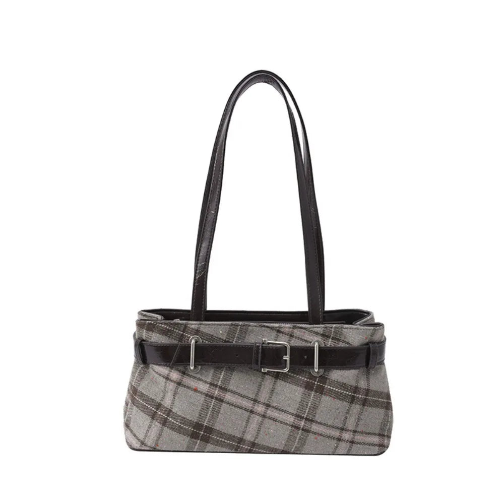 Plaid Shoulder Bag with Belt Strap Bell Charm