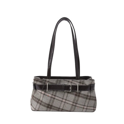 Plaid Shoulder Bag with Belt Strap Bell Charm - Coffee