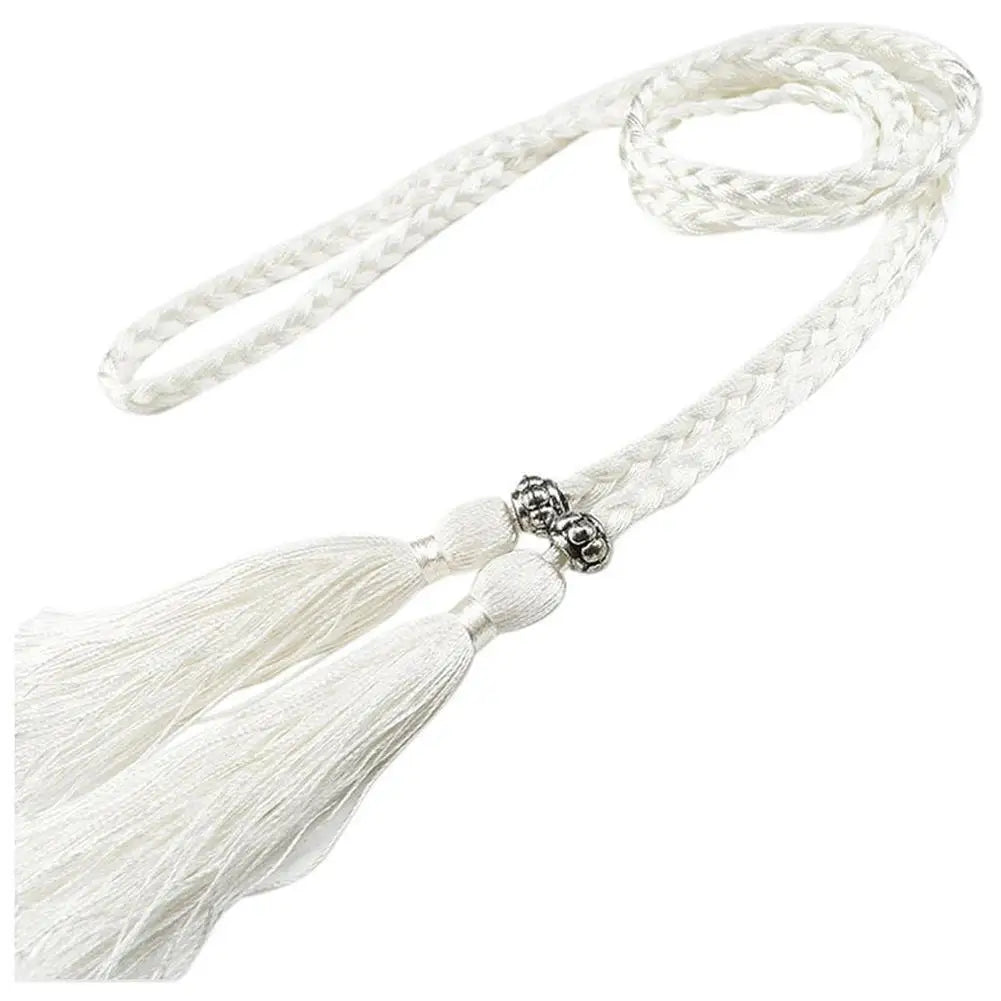 Women Braided Tassel Belt Knot Decorated Waist Rope - White