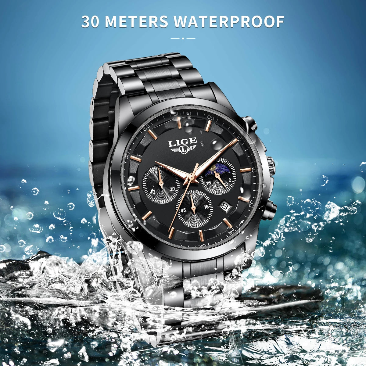 Moon Phase Chronograph Watch Auto Date Waterproof