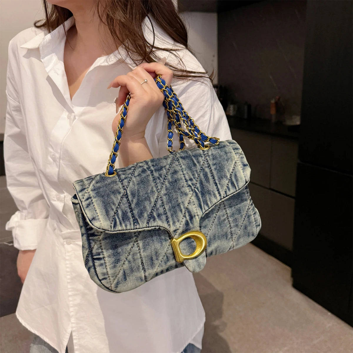 Quilted Shoulder Bag with Chain Strap Clasp Detail