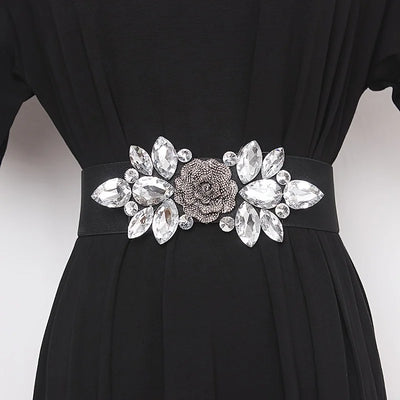 Flower Beaded Elastic Cummerbund Belt Rhinestone Rose