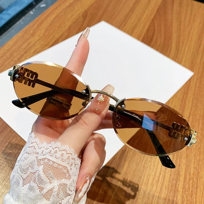Oval Rimless Sunglasses with Ornate Detailing Frame - WO2MEN
