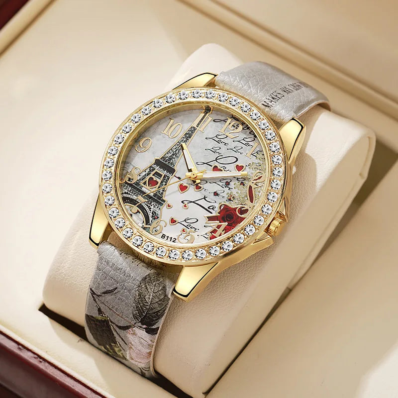 Eiffel Tower Dial Watch With Crystal Bezel Fashion