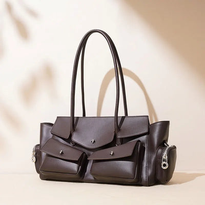 Genuine Cow Leather Shoulder Bag with Front Pockets