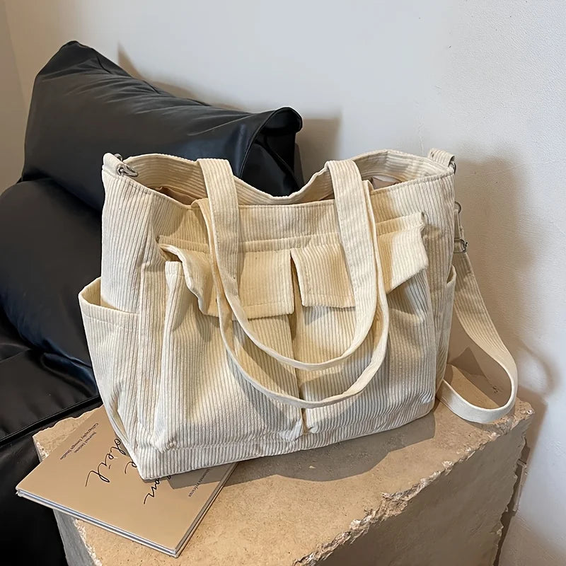 Large Capacity Corduroy Tote Bag with Front Pockets