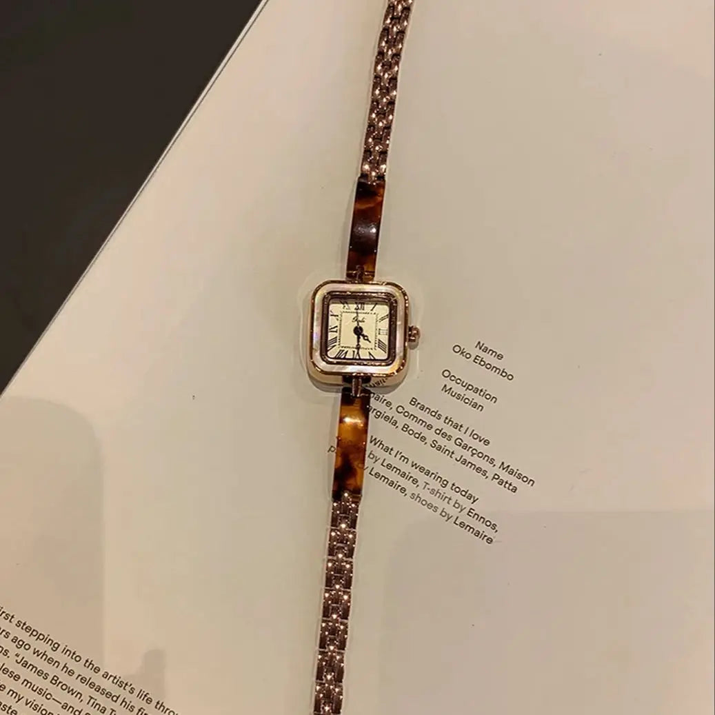 Vintage Square Dial Quartz Watch with Amber Bracelet
