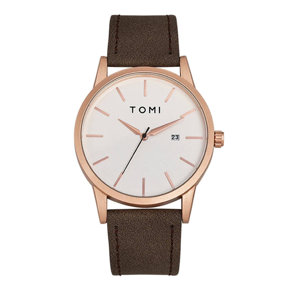 Minimalist Disc Dial Quartz Wristwatch with Strap - Brown Rose Gold