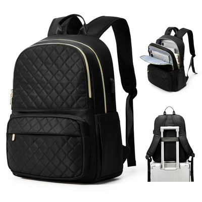 Quilted Backpack with Laptop Compartment Multi Pockets - Black