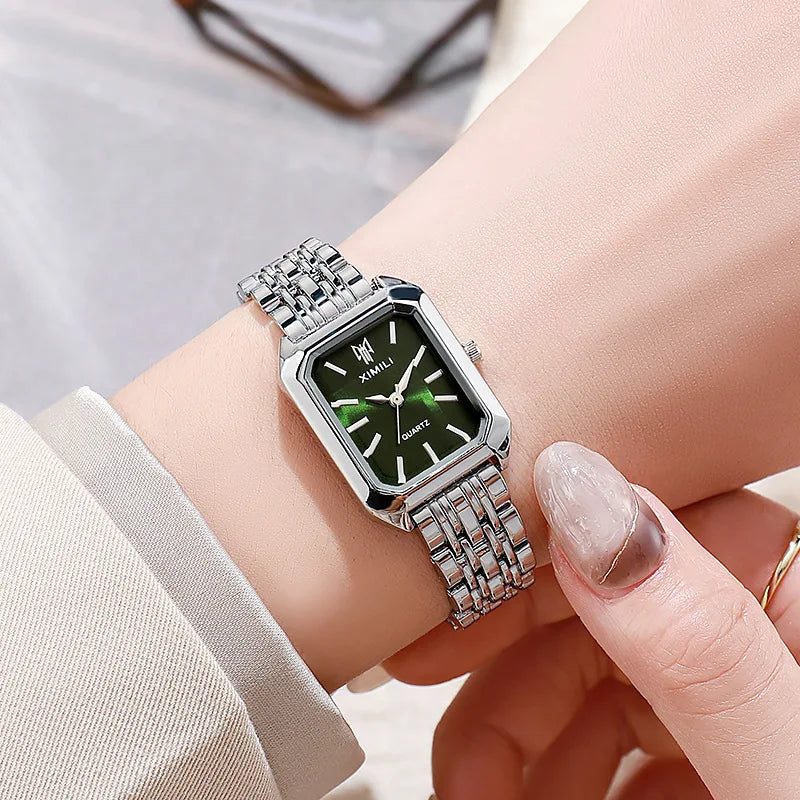 Rectangular Dial Quartz Watch for Everyday Wear - Sliver Green