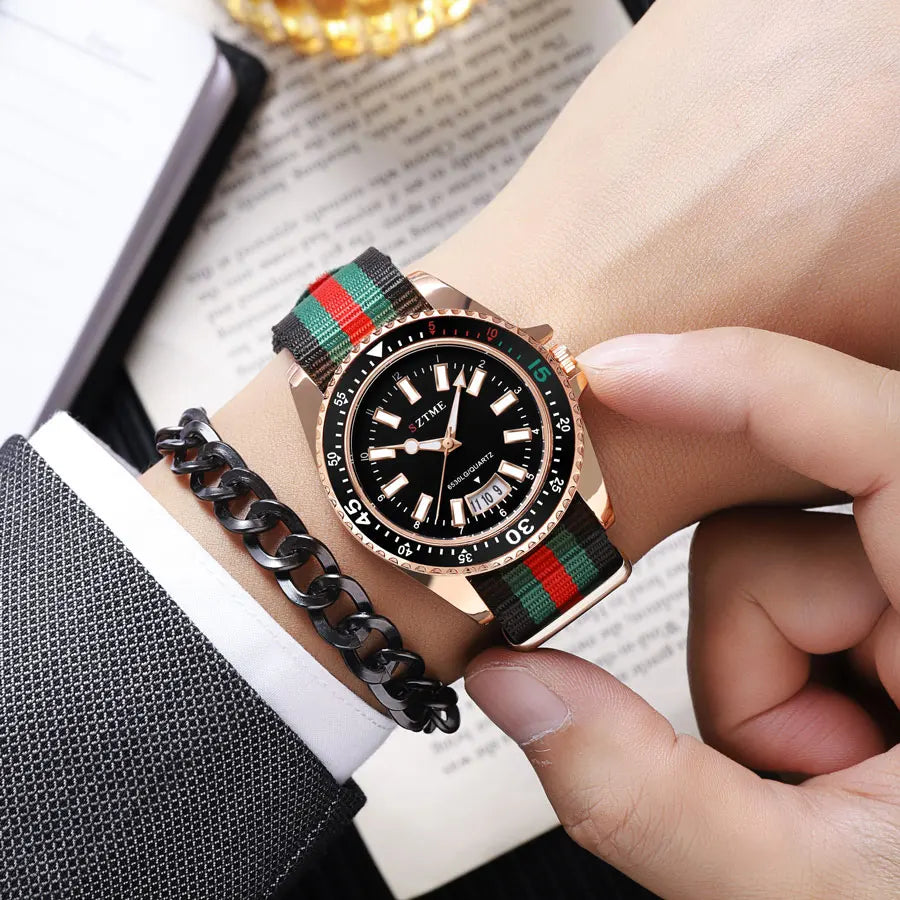 Calendar Watch With Striped Strap And Classic Case