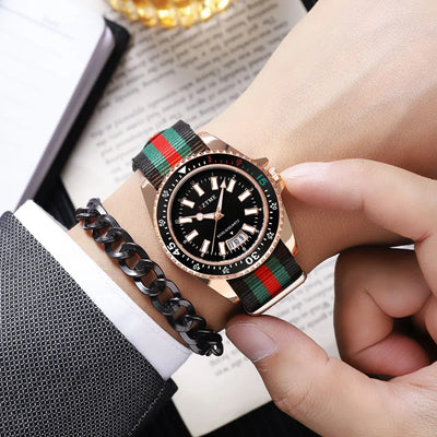 Calendar Watch With Striped Strap And Classic Case