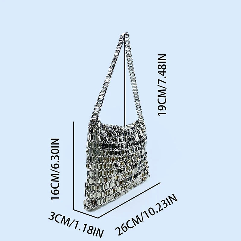 Sequin Disc Mesh Handwoven Shoulder Bag With Chain