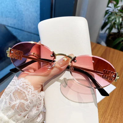 Oval Rimless Sunglasses with Ornate Detailing Frame - WO2MEN