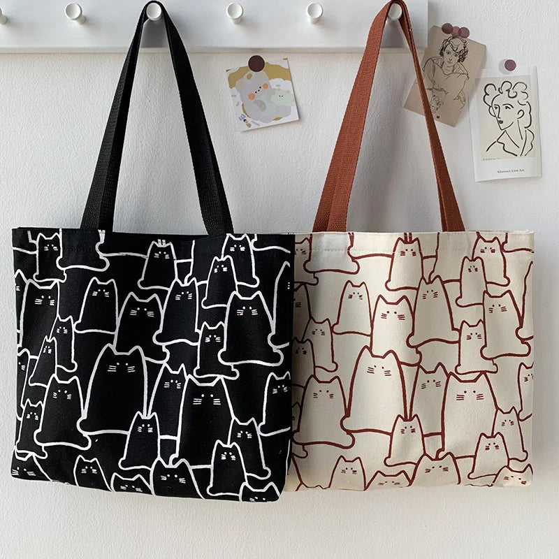 Canvas Tote Bag Cat Print Casual Everyday Tote