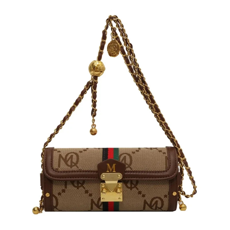Cylindrical Crossbody Bag With Gold Lock And Chain